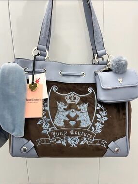 Juicy Couture Light Blue & Brown Velvet DayDreamer Bag with Crest Charm
